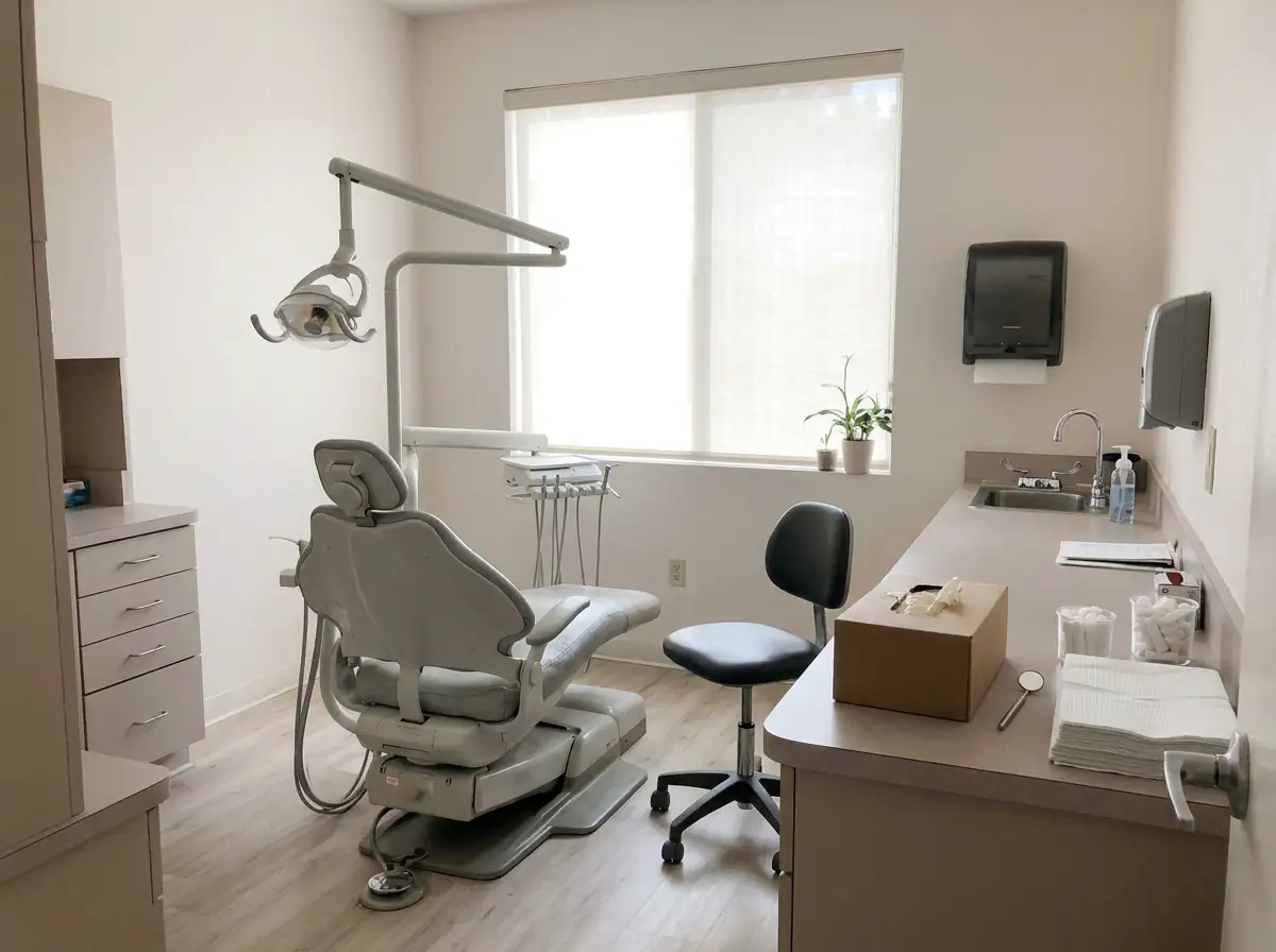 A treatment room seen from the doorway: a pale grey dental chair, a rolling stool, a counter with cotton rolls and paper bibs, a window with sheer blinds.