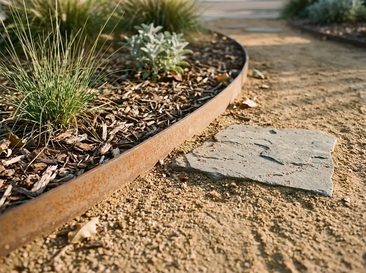 A rusted steel edge between decomposed granite and bark mulch, with a flagstone set in the granite.