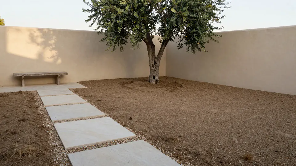 Courtyard, bare planting beds.