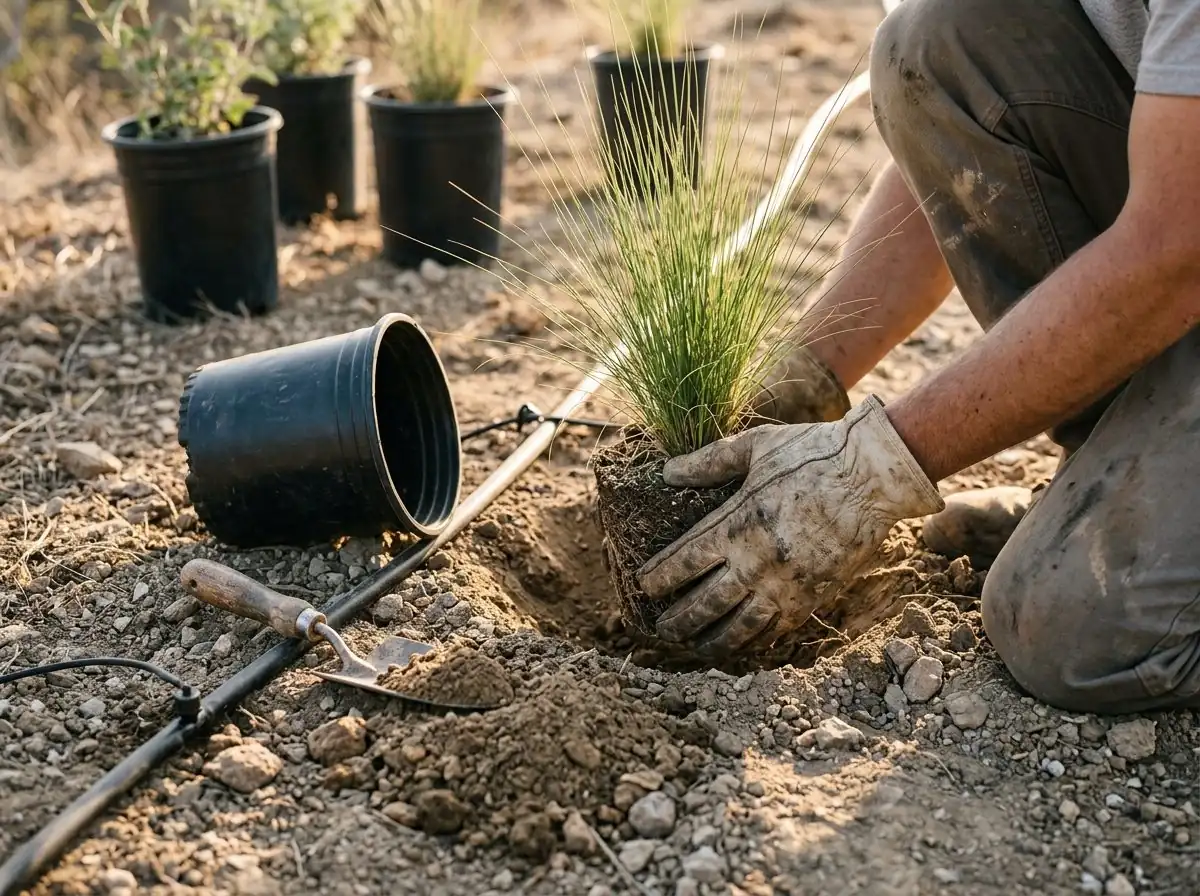 Gloved hands setting a deer grass into rocky soil, its nursery pot tipped beside the hole and a drip line running past.