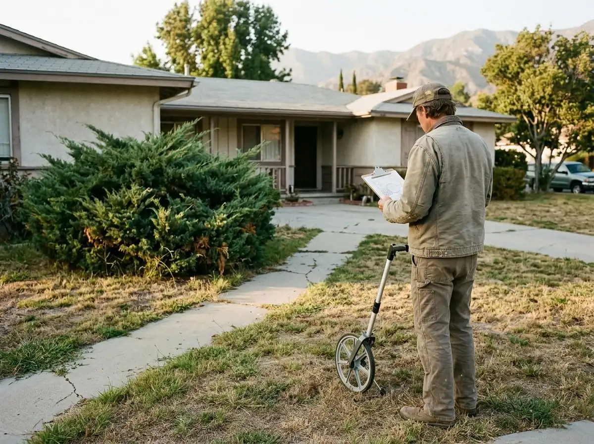 A designer seen from behind with a clipboard sketch and a measuring wheel at the edge of a dry lawn.