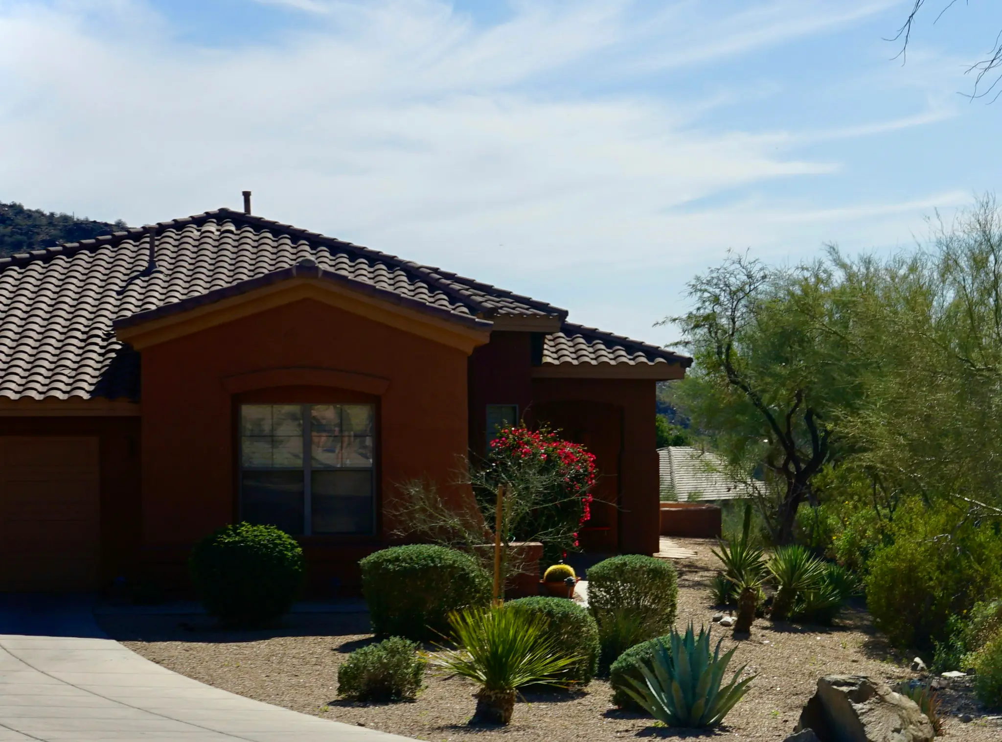 A single-storey tile-roofed house behind a gravel front yard planted with agave, sotol, clipped shrubs and palo verde trees, a dry hill behind.