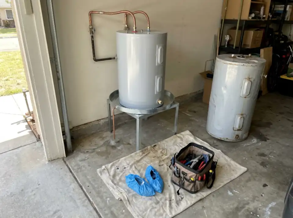 A new tank water heater on a stand with a drain pan in a garage, a drop cloth with blue shoe covers and a tool bag in front, the old unit beside it.