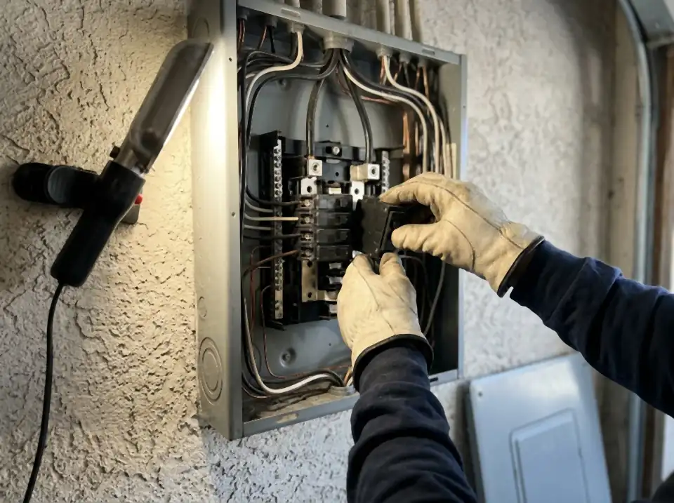 Gloved hands seating a breaker in an open residential electrical panel on a stucco garage wall, a work light at the side.