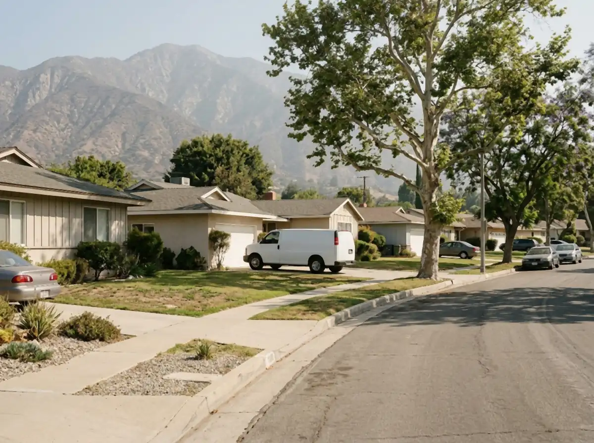 A foothill street of single-storey ranch houses under the San Gabriel mountains, a plain white work van parked in a driveway in the middle distance.