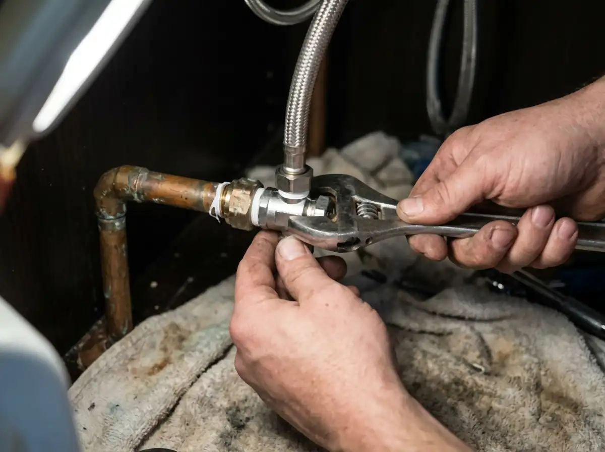 Bare working hands tightening a new stop valve with an adjustable wrench on tarnished copper pipe under a sink, a towel on the cabinet floor.