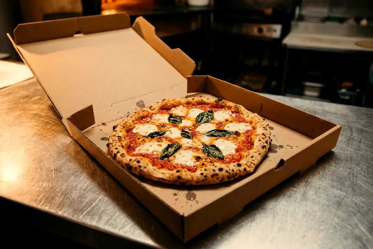 A plain unprinted kraft pizza box, lid open, with a wood-fired Margherita inside, on a worn stainless steel pass in a pizzeria kitchen.