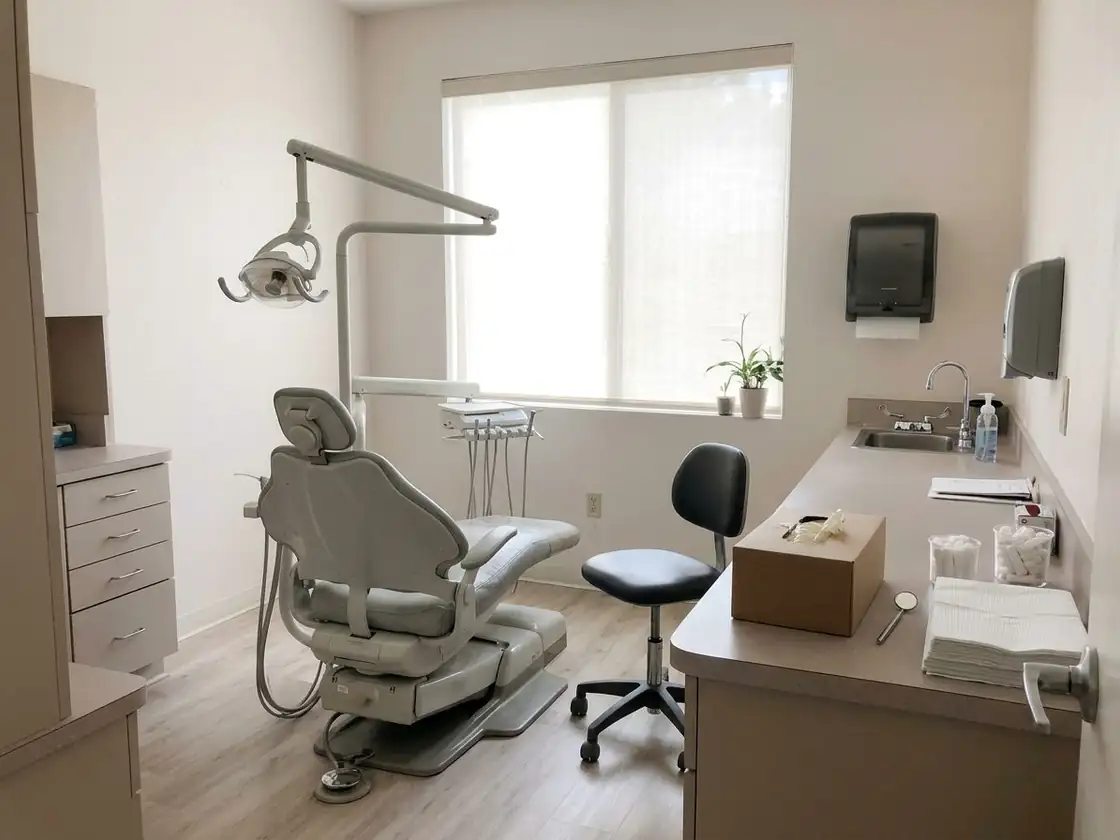 A treatment room seen from the doorway: a pale grey dental chair, a rolling stool and a window with sheer blinds.