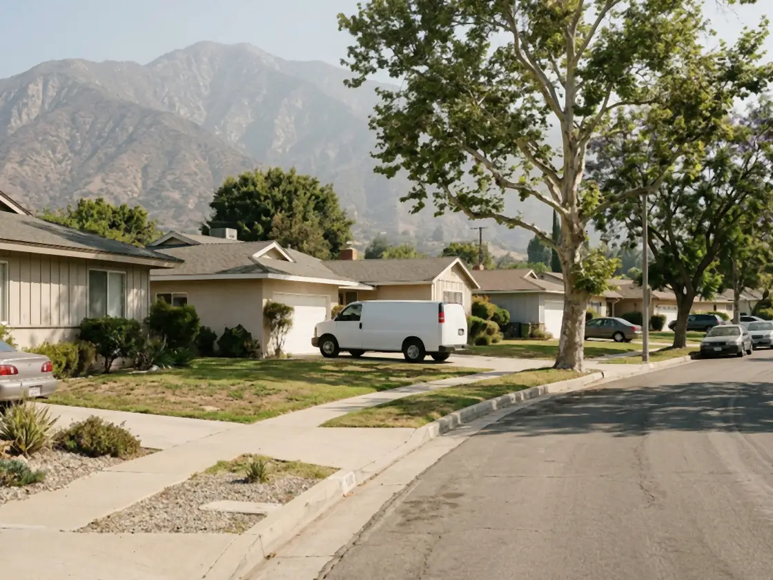 A foothill street of single-storey ranch houses under the San Gabriel mountains, a plain white work van parked in a driveway in the middle distance.